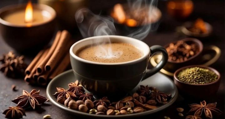 A steaming cup of traditional Indian chai surrounded by whole spices like cardamom, cinnamon, cloves, and ginger, ready to brew