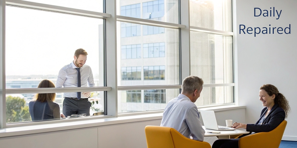 Office staff in Decatur AL working comfortably after targeted office window repair reduced daily frustrations
