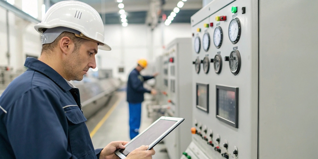 Quality control inspector examining a production line where PLC programming manages automation and error detection