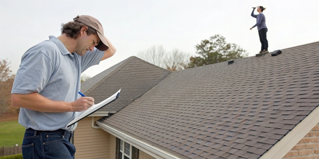 Huntsville, AL homeowner assessing roof damage, highlighting the decision between roof repair and full roof replacement, paired with a bodyweight workout illustration.