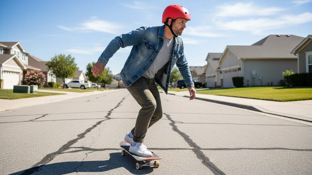 Adult skateboarding with multi-sport helmet providing head protection