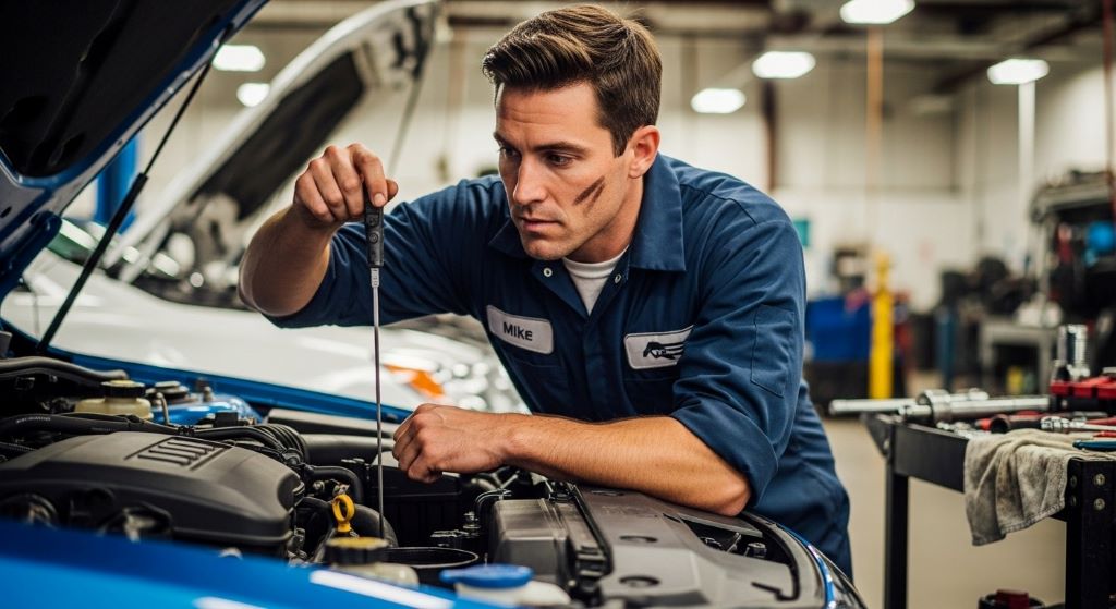 Mechanic checking transmission fluid level with dipstick under vehicle hood during routine maintenance inspection