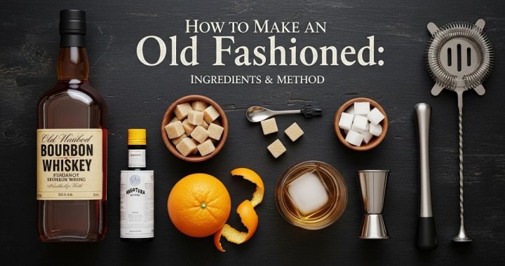 Old Fashioned cocktail with large ice cube and orange peel