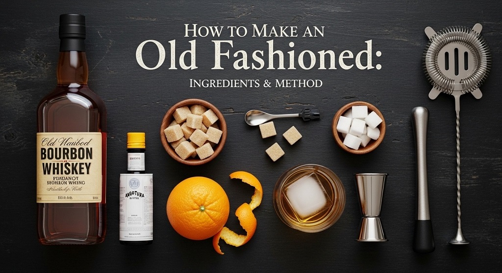 Old Fashioned cocktail with large ice cube and orange peel