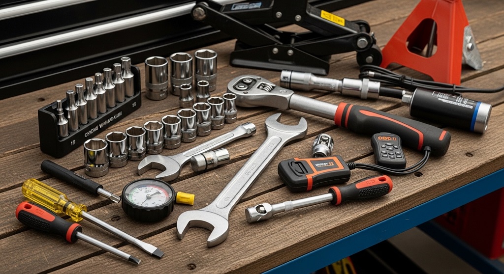 Beginner automotive socket set with ratchet and extension bars