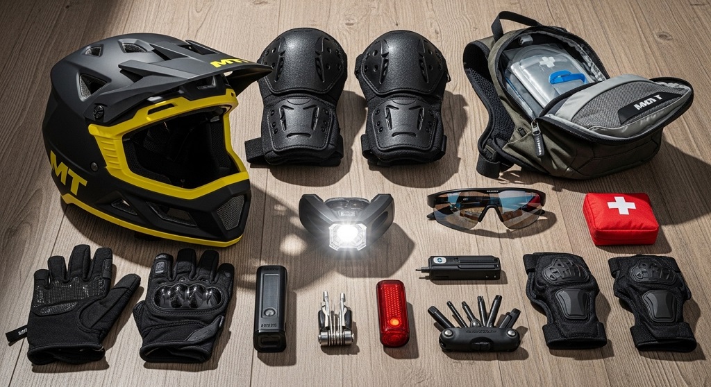 Close-up of MTB safety gear including helmet hydration pack and eyewear