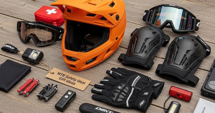 Mountain biker wearing helmet gloves and knee pads on forest trail