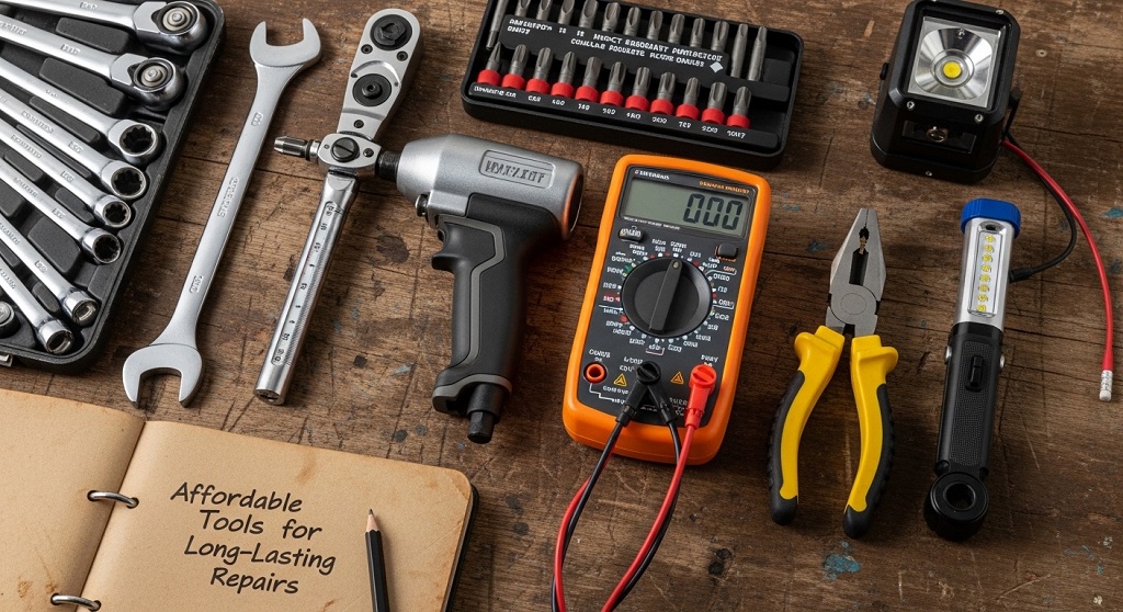 Affordable chrome vanadium car repair tools arranged in mechanic toolbox