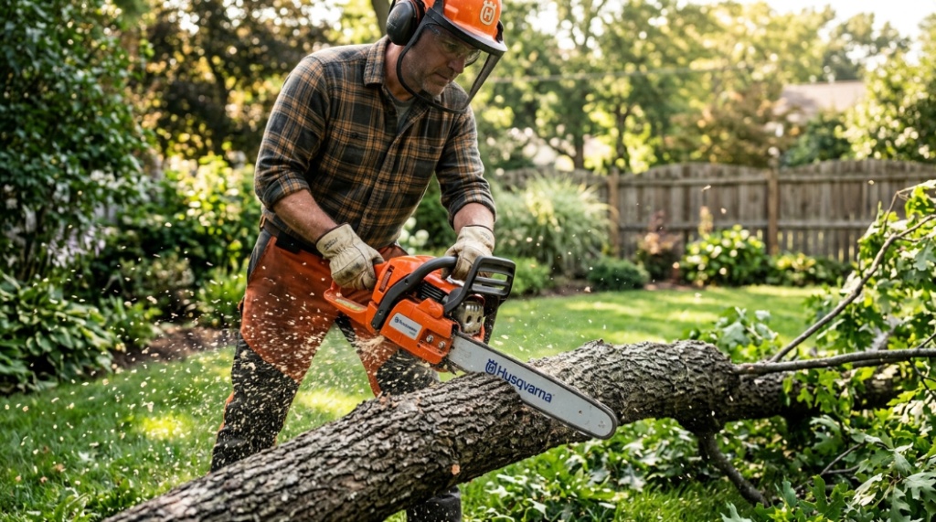 Person trimming a fallen tree branch with a compact gas chainsaw in a suburban backyard.