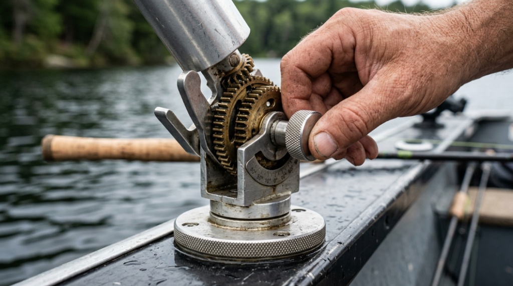 Close-up of a hand adjusting a stainless steel rotating rod holder swivel base for a better angle.