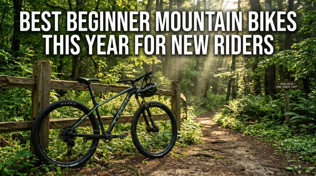 A mountain bike at a forest trailhead with the title "Best Beginner Mountain Bikes This Year for New Riders."