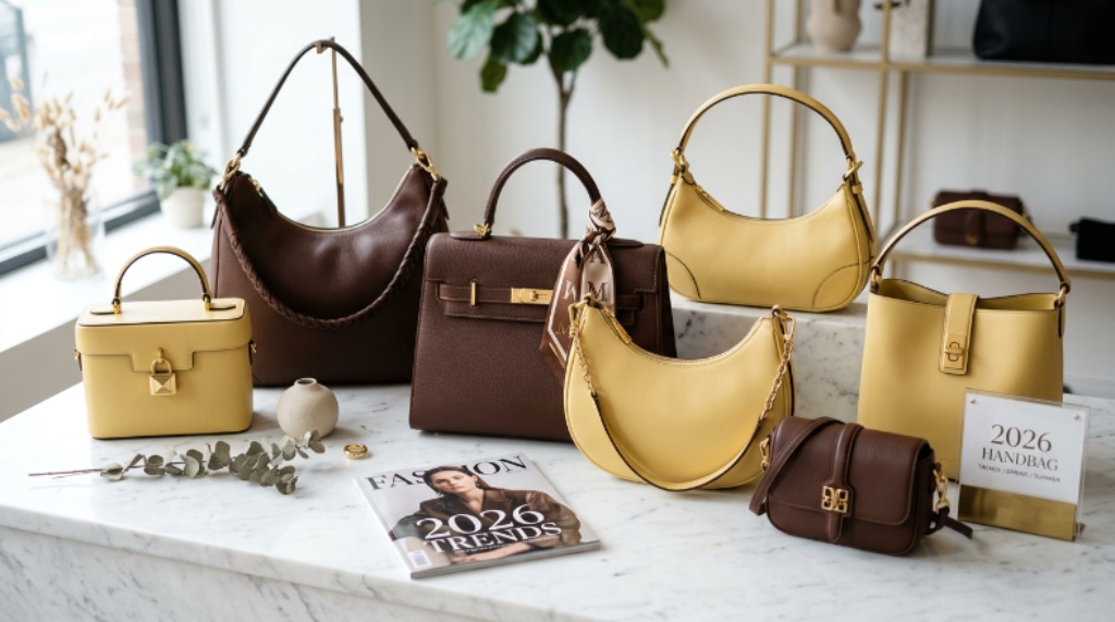 Stylish purses in chocolate brown and butter yellow leather arranged on a white surface showcasing 2026 handbag trends