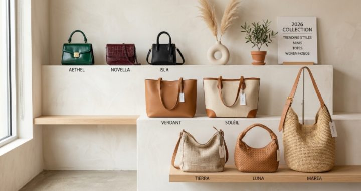 Collection of trending women bags for 2026 including structured mini bags, totes, and woven hobo styles displayed on a neutral background