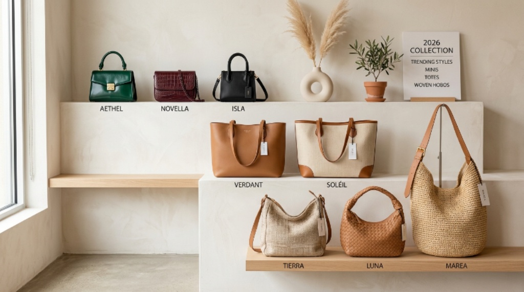 Collection of trending women bags for 2026 including structured mini bags, totes, and woven hobo styles displayed on a neutral background