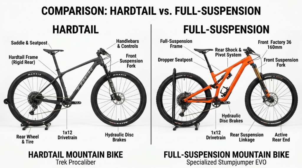 Side-by-side view comparing a hardtail mountain bike and a full-suspension bike on a white background.