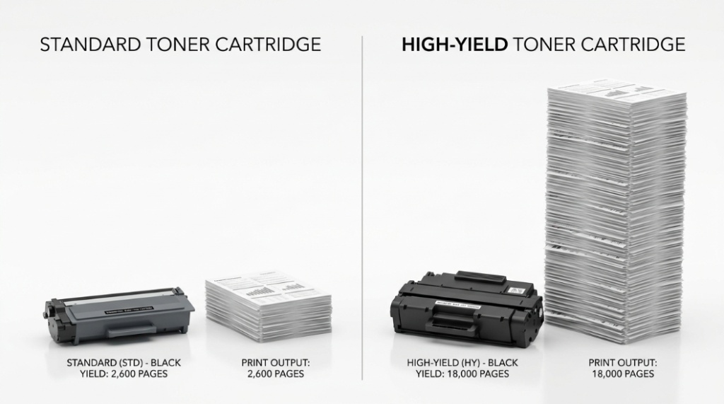 A visual comparison showing a standard toner cartridge with few pages versus a high yield cartridge with large stacks.
