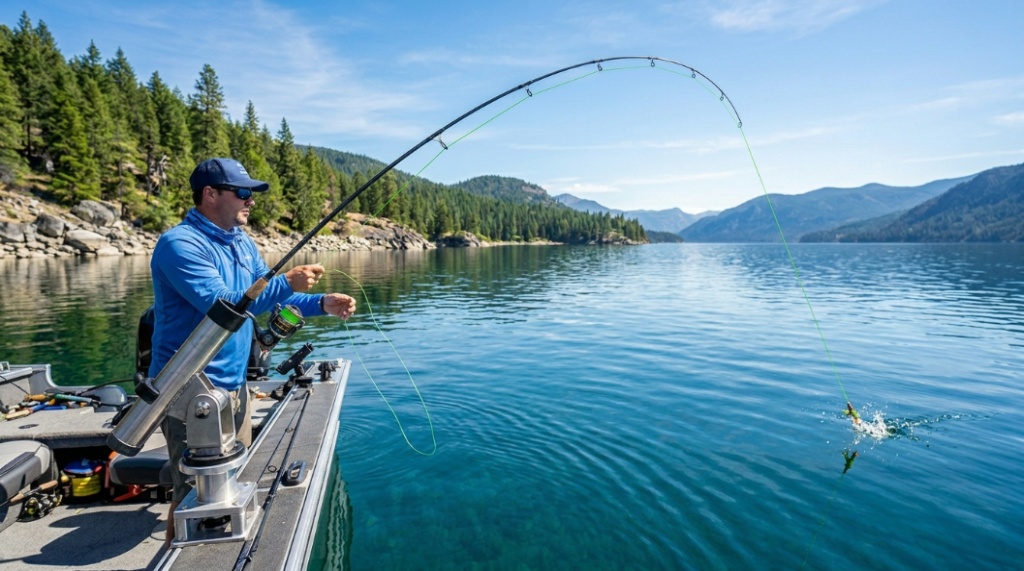 Fishing rod in a rotating holder casting a line over blue water to demonstrate improved distance.