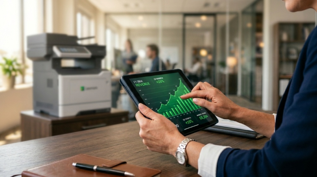 Close up of business professional analyzing cost savings chart on a tablet next to an office printer.