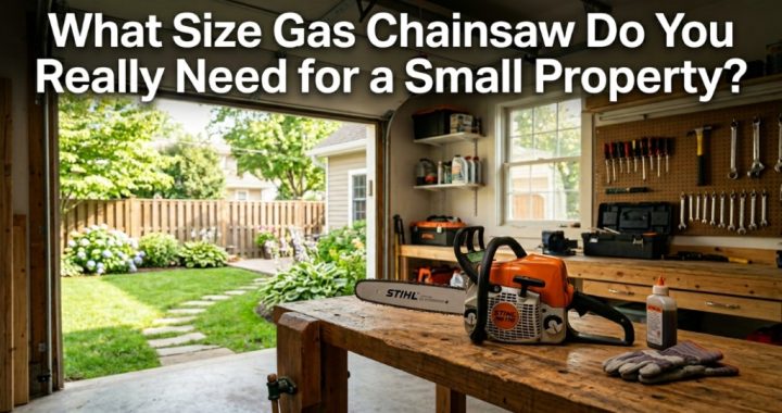 Small gas chainsaw on a garage workbench with text overlay about choosing the right size for small properties.