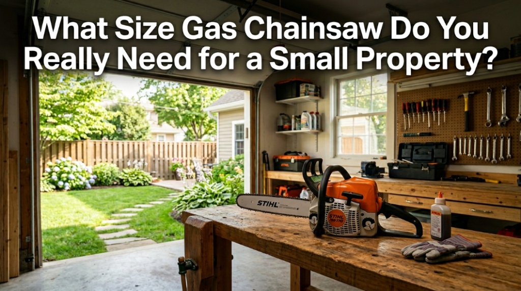 Small gas chainsaw on a garage workbench with text overlay about choosing the right size for small properties.
