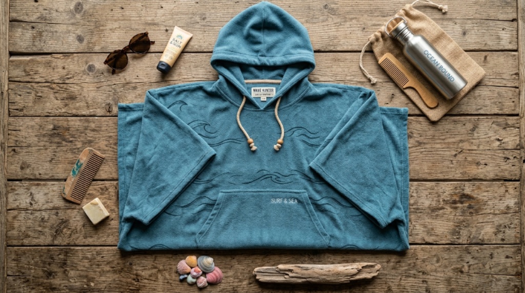 Flat lay of a microfibre surf poncho with hood and kangaroo pocket on a wooden surface