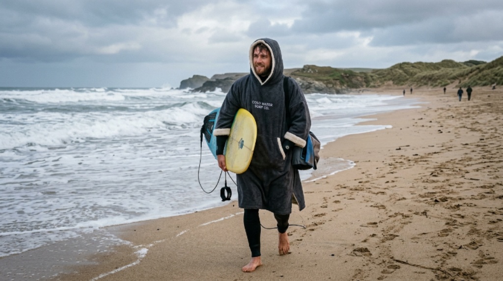 Surfer wearing a fleece-lined surf poncho on a cold beach after a morning surf session