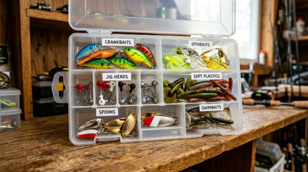 Close-up of a modular tackle storage system with colorful lures sorted into labeled compartments on a wooden shelf