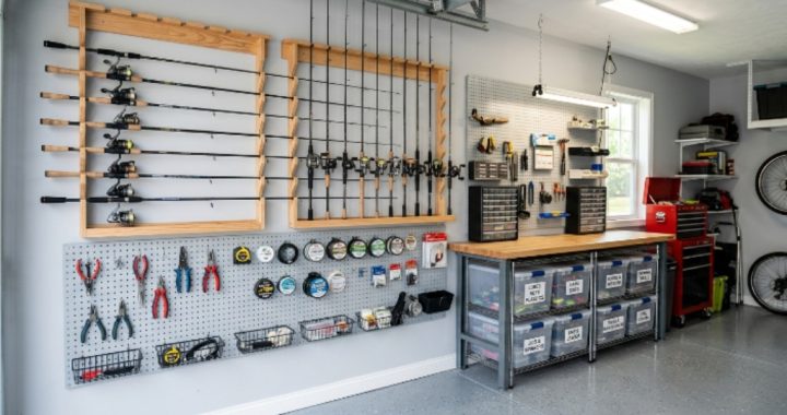 A neatly organized garage setup with wall-mounted fishing rod racks, pegboards, and labeled tackle storage bins