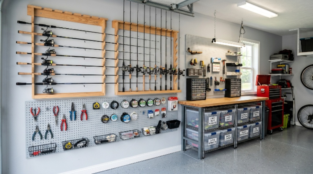 A neatly organized garage setup with wall-mounted fishing rod racks, pegboards, and labeled tackle storage bins