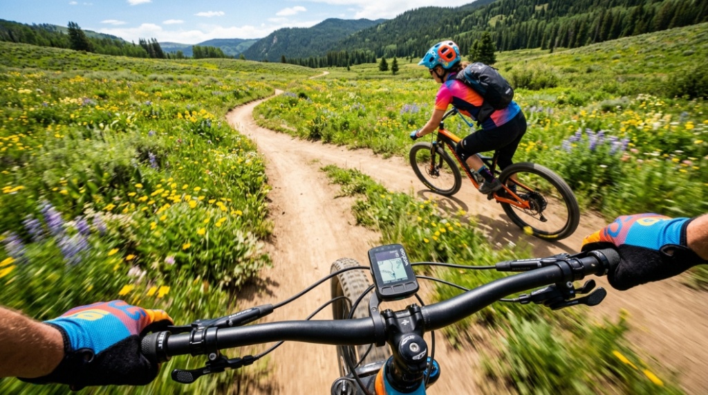 POV shot of a cyclist riding a mountain bike on a sunny, winding dirt trail through a green meadow.