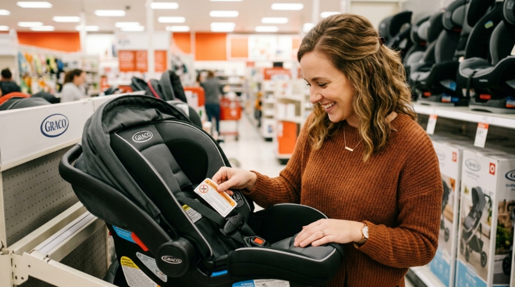 A mother inspecting safety labels on a new car seat before buying.