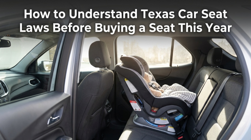 A safely installed toddler safety seat inside a modern SUV with guide text overlay.