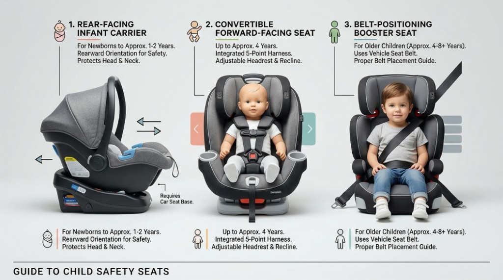 Three different types of child safety seats lined up chronologically in a studio.