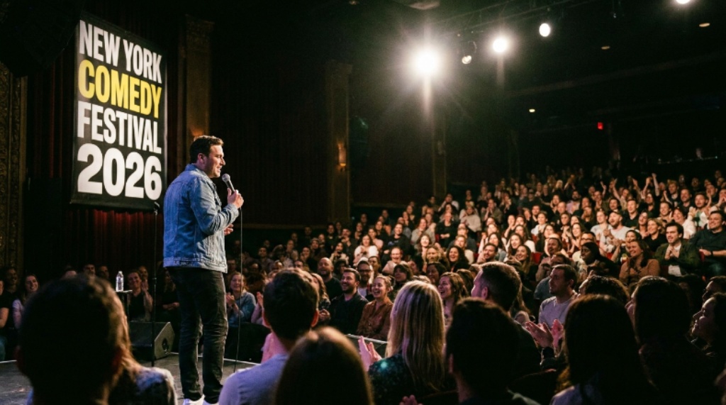 Comedian performing on stage at the New York Comedy Festival 2026 with a packed audience in the background