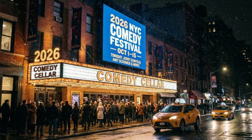 Bright marquee lights outside a New York City comedy club venue during the 2026 comedy festival