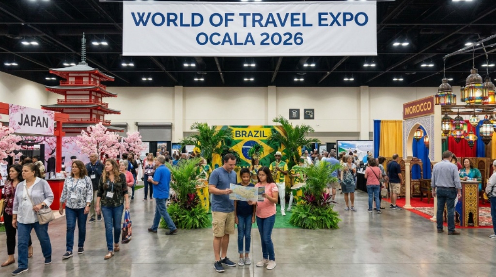 Visitors exploring country pavilions at World of Travel Expo Ocala 2026