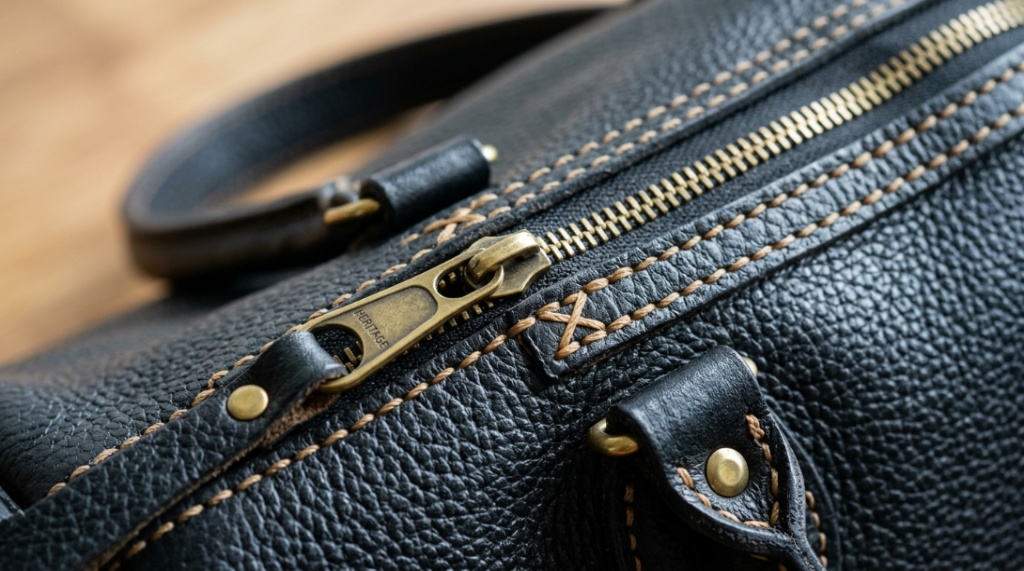 Close up of brass hardware and reinforced stitching on a black leather hobo bag