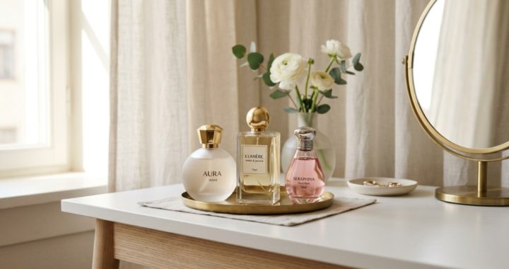 Three elegant perfume bottles neatly arranged on a clean minimalist vanity table.