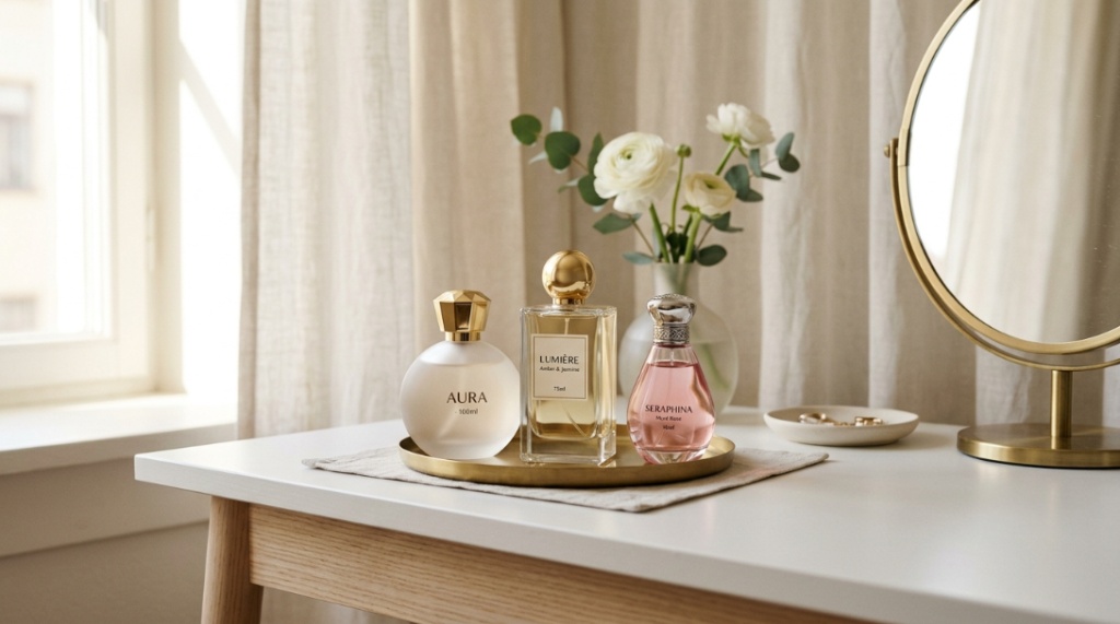 Three elegant perfume bottles neatly arranged on a clean minimalist vanity table.