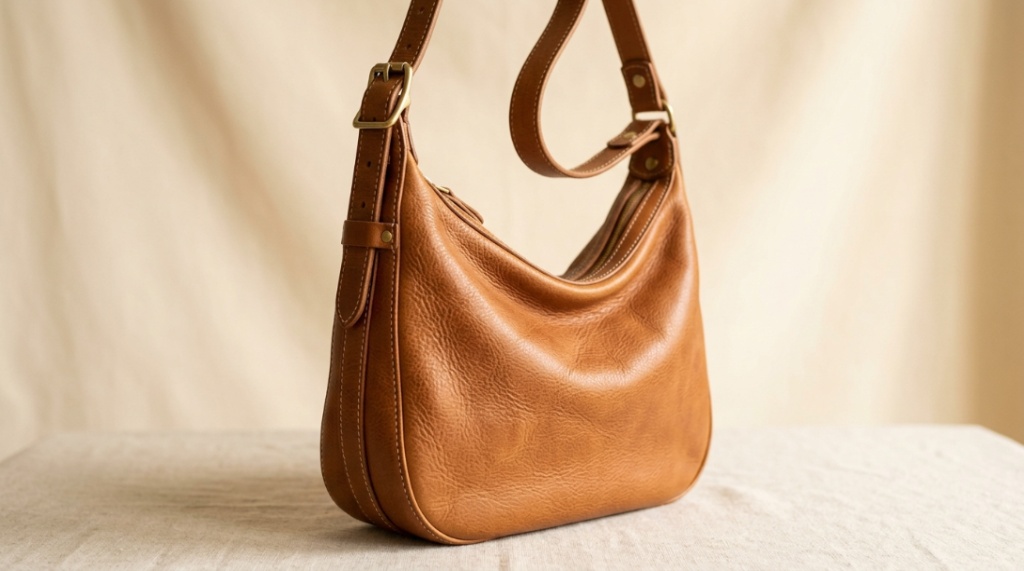 Tan genuine leather hobo bag showcasing high quality grain texture and premium stitching.