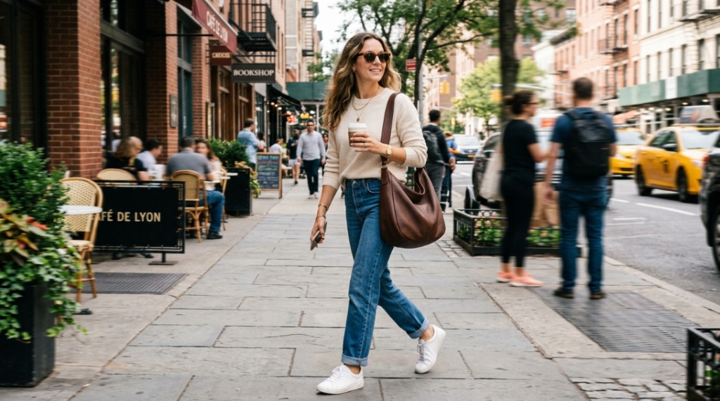 Woman walking down a city sidewalk wearing a brown leather hobo bag.