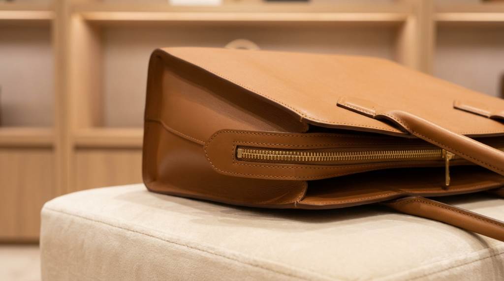 Authentic designer handbag inspection close up