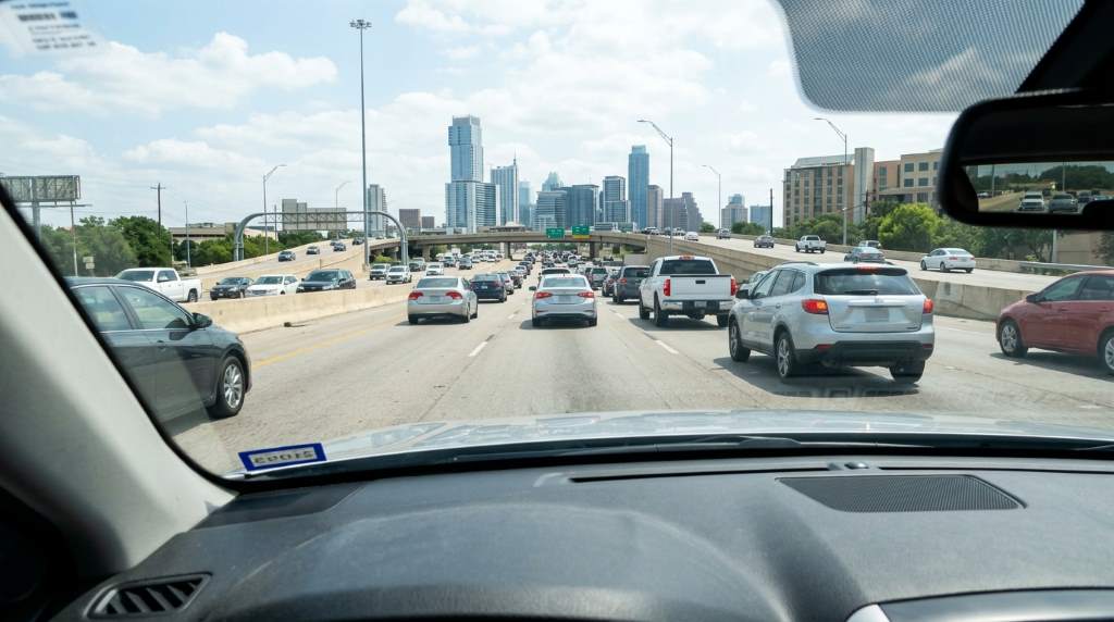 Driver maintaining safe following distance on Austin highway