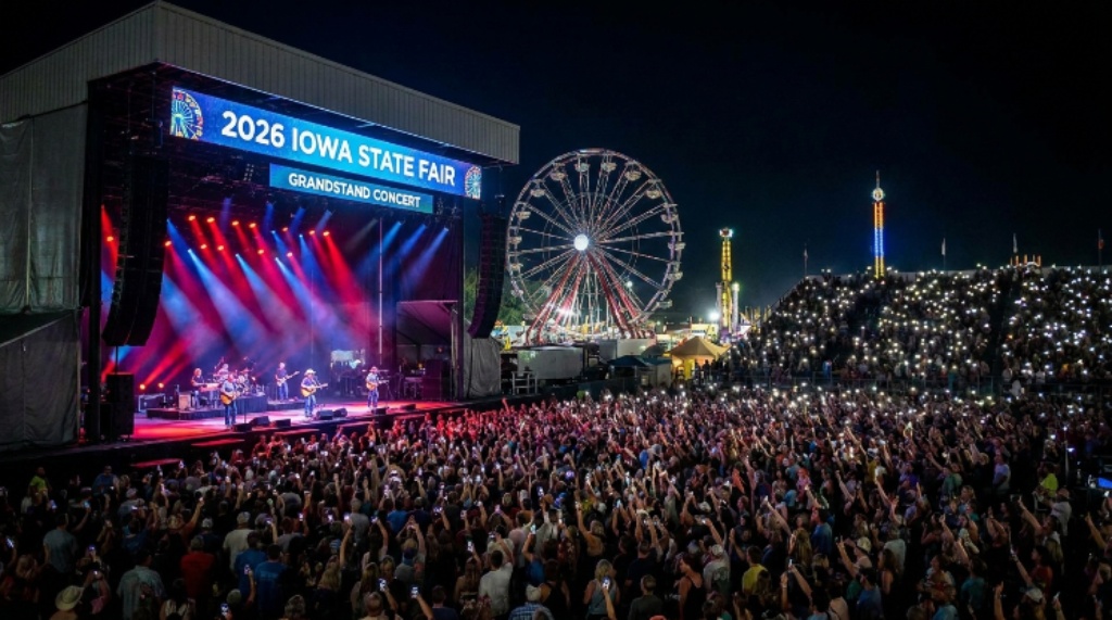 Iowa State Fair 2026 Grandstand concert stage lit up at night with a full crowd