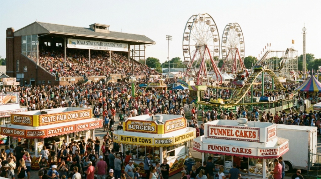 Crowds enjoying rides and food at the Iowa State Fair grandstand in Des Moines