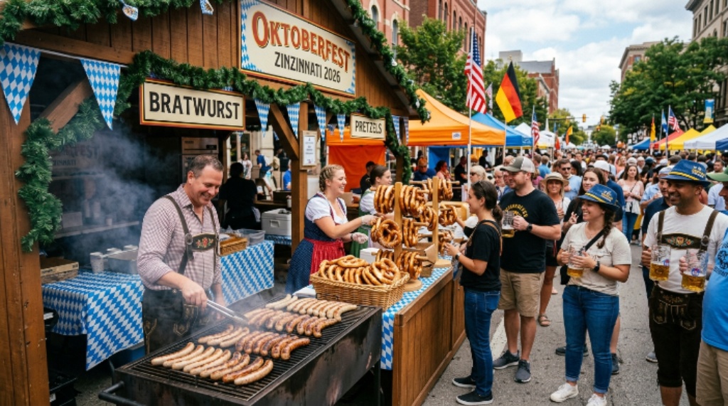 German bratwurst and pretzels at Oktoberfest Zinzinnati 2026 food vendors