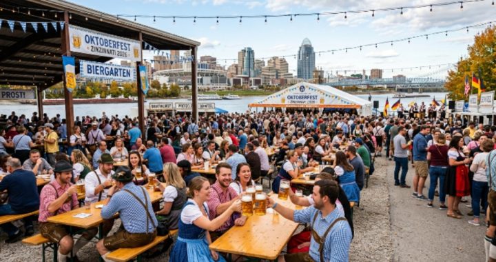 Oktoberfest Zinzinnati 2026 beer garden crowd at Sawyer Point Park Cincinnati
