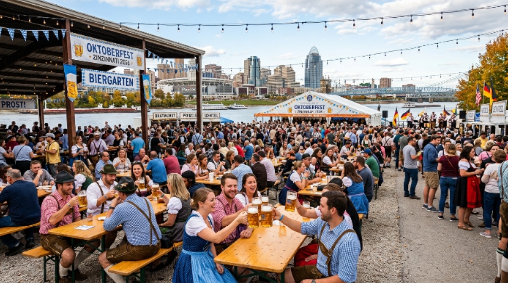 Oktoberfest Zinzinnati 2026 beer garden crowd at Sawyer Point Park Cincinnati