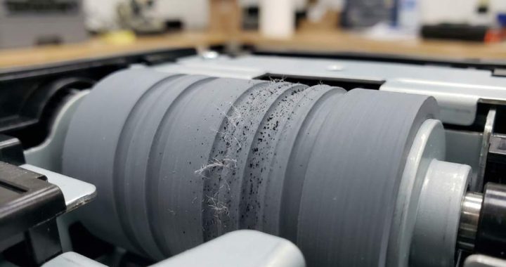 Technician cleaning printer paper rollers