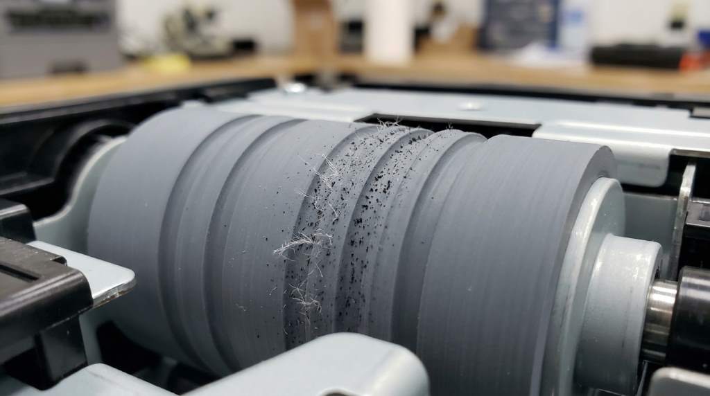 Technician cleaning printer paper rollers
